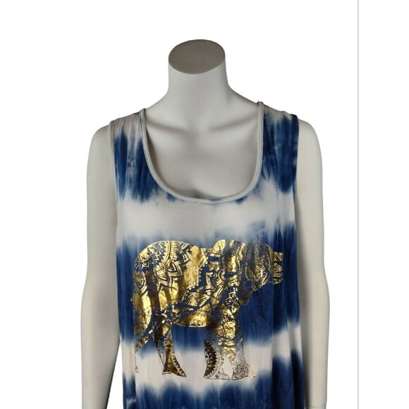 Gemstone Womens 1X Blue Gold Elephant Graphic Lightweight Fringe Tank Top New - Picture 3 of 9